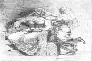 Eine Schwarz-Weiß-Zeichnung einer Frau in einem langen Kleid, die auf einer Bank sitzt und traurig aussieht, mit einem Mann dahinter, der die Arme verschränkt hat, und einem Text unten, der "Der Tod einer Frau" lautet.