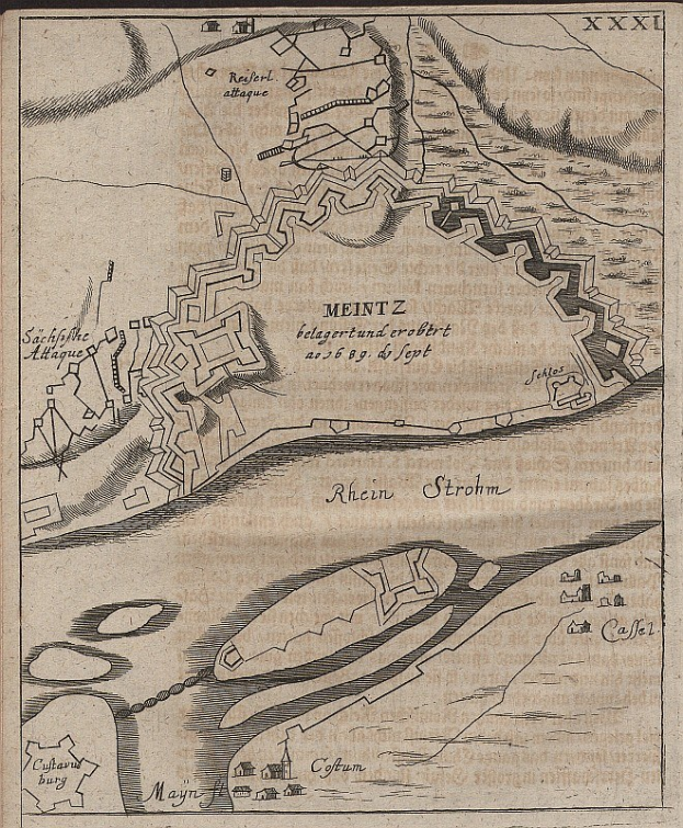 Alte detaillierte Karte von Meintz, Deutschland, zeigt Straßen, Gebäude, Sehenswürdigkeiten und Text mit historischem und geografischem Informationsgehalt.
