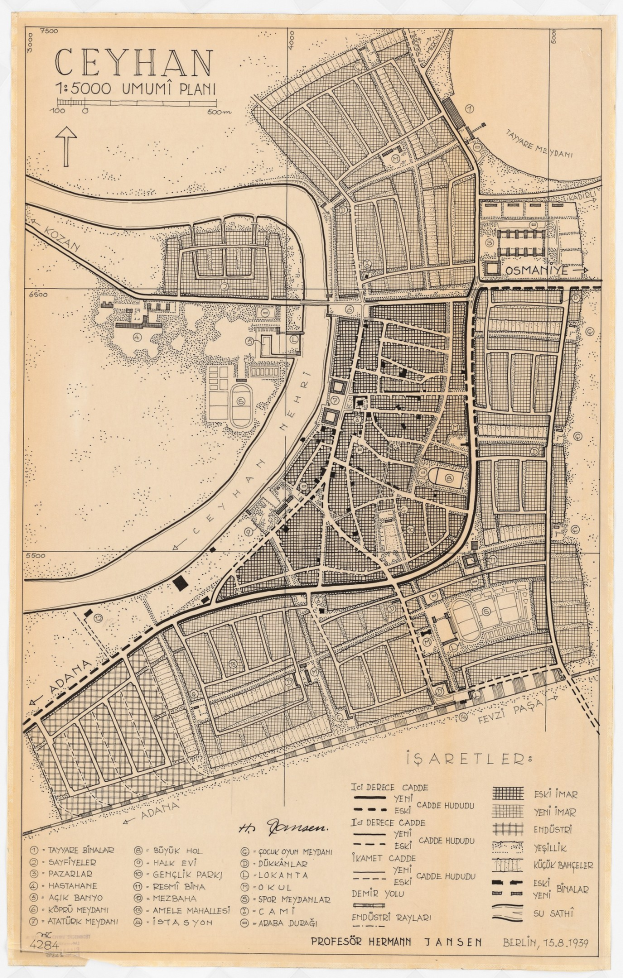 Detailiertes altes Stadtplan von Ceyhan, Türkei, mit Straßen, Gebäuden und Sehenswürdigkeiten sowie begleitendem Text.