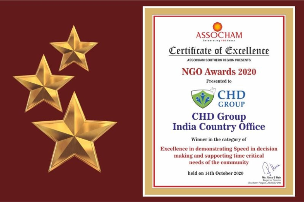 Auszeichnung 'Exzellenzzertifikat' für die NGO Awards 2020 an CHD Group India Country Office verliehen, dargestellt durch ein Schild-Logo mit einem zentralen Stern und einem Lorbeerkranz.