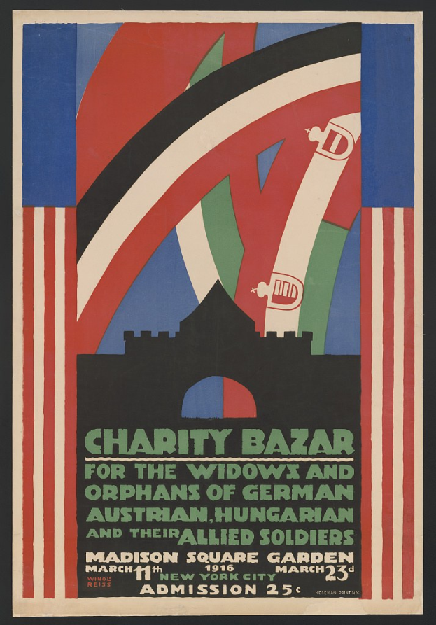 Plakat für den Wohltätigkeitsbasar für die Witwen und Waisen deutscher, australischer, ungarischer und alliierter Soldaten mit Text zu den Veranstaltungseinzelheiten.