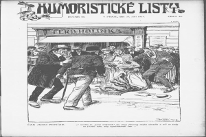 Ein Schwarz-Weiß-Cartoon eines Mannes im Anzug und mit Krawatte, der vor einer Menge steht, mit einem Gebäude im Hintergrund und dem Text "Humoristische Liste" oben und unten.