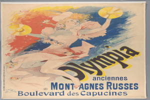 Plakat für die Olympischen Spiele in Mont-Agnes-Russes, Frankreich, das eine Frau in einem farbenfrohen Kleid zeigt, die einen Fächer hält und Text beschreibt.