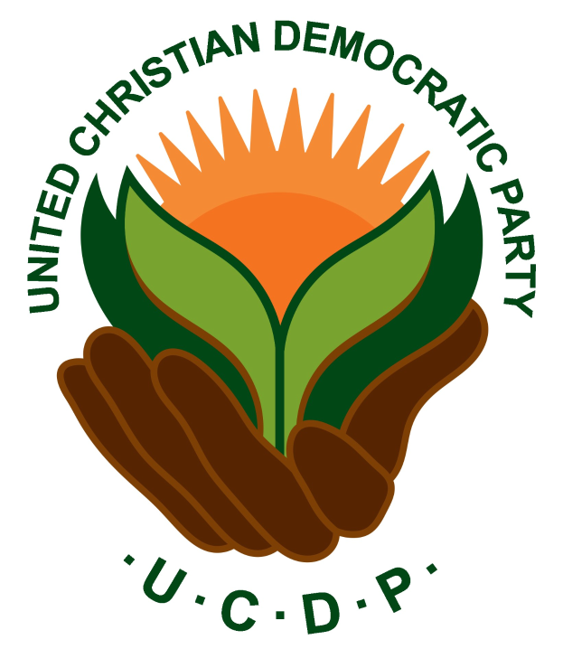 Logo der Vereinigten Christlich Demokratischen Partei (UCDP): eine Hand, die eine leuchtend gelbe Blume mit grünem Stiel und Blättern hält, zentriert innerhalb eines blauen und gelben Kreises auf einem weißen Hintergrund, mit "UCDP" in fetter schwarzer Schrift darunter.