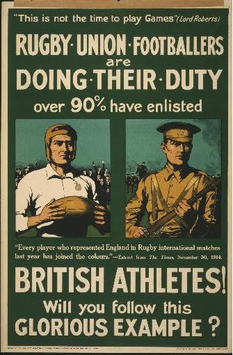 Britisches Armee-Recruiting-Poster mit zwei Rugby-Union-Spielern in Uniform, mit Text über Sportler, die sich verpflichten.