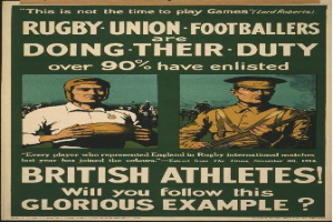 Britisches Armee-Recruiting-Poster mit zwei Rugby-Union-Spielern in Uniform, mit Text über Sportler, die sich verpflichten.