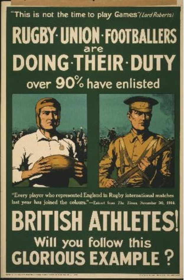 Britisches Armee-Recruiting-Poster mit zwei Rugby-Union-Spielern in Uniform, mit Text über Sportler, die sich verpflichten.
