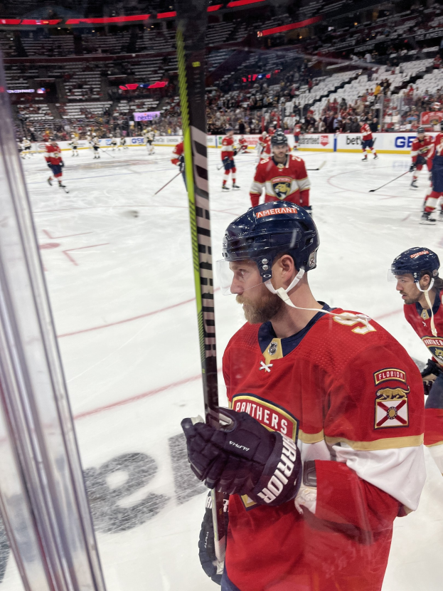 Gruppe von Hockey-Spielern mit Helmen und Handschuhen auf dem Eis mit Zuschauern und Tafeln mit "Florida Panthers vs New Jersey Devils - 3/24/15 NHL Pick, Odds, and Prediction" im Hintergrund.