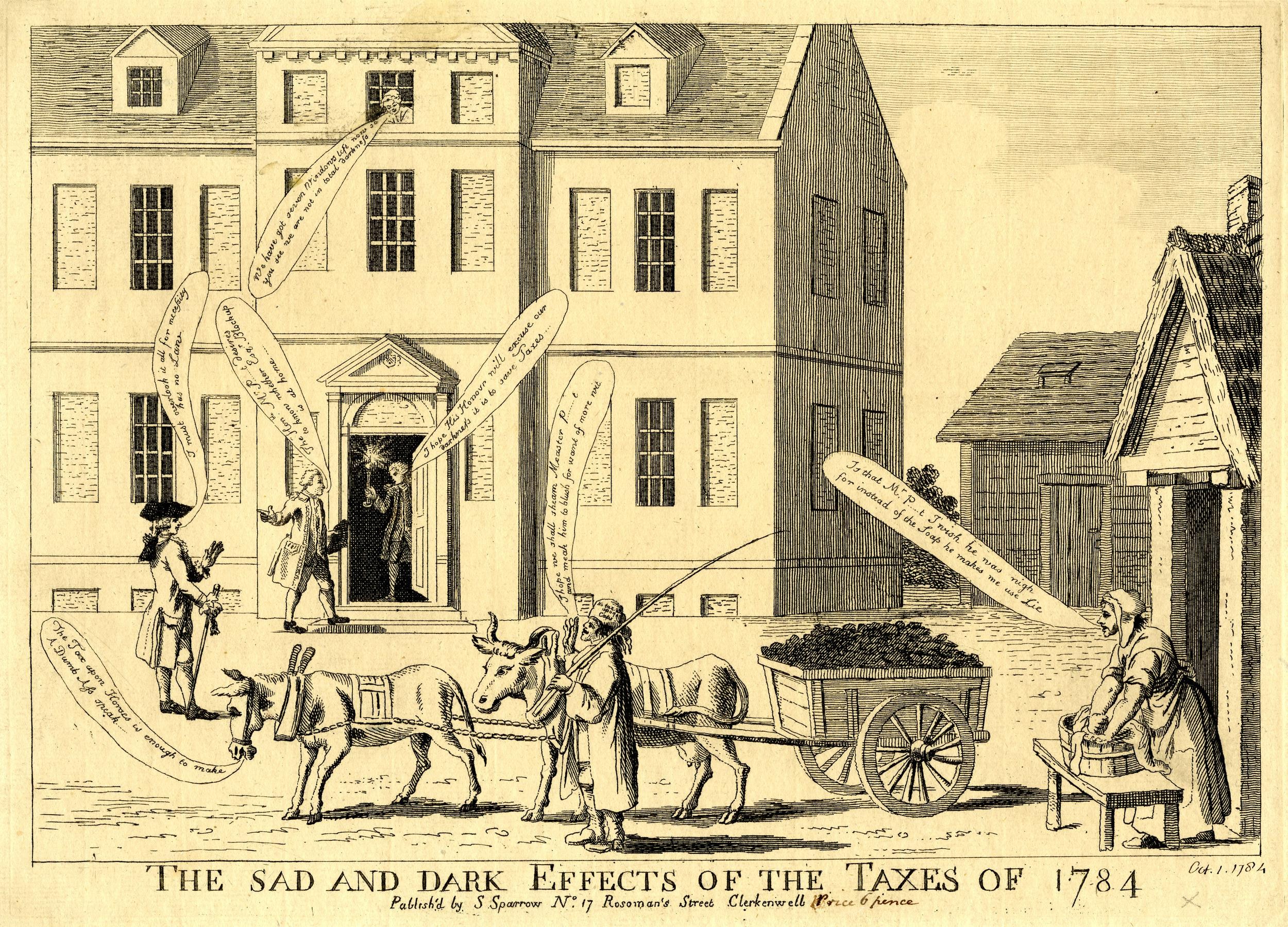 Ein Blatt mit einer Zeichnung eines Gebäudes, einen Wagen mit Gegenständen und einige Menschen, mit Text unten lesend "die traurigen und dunklen Auswirkungen der Steuern von 1784".