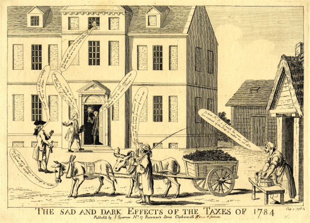 Ein Blatt mit einer Zeichnung eines Gebäudes, einen Wagen mit Gegenständen und einige Menschen, mit Text unten lesend "die traurigen und dunklen Auswirkungen der Steuern von 1784".