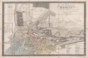 Detailierte alte Karte von Weimar, Deutschland, mit Straßen, Gebäuden und Sehenswürdigkeiten mit begleitendem Text über die Stadt.