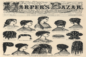 Ein Papier aus Harper's Bazaar mit Bildern von Frauen mit verschiedenen Frisuren und begleitendem Text.