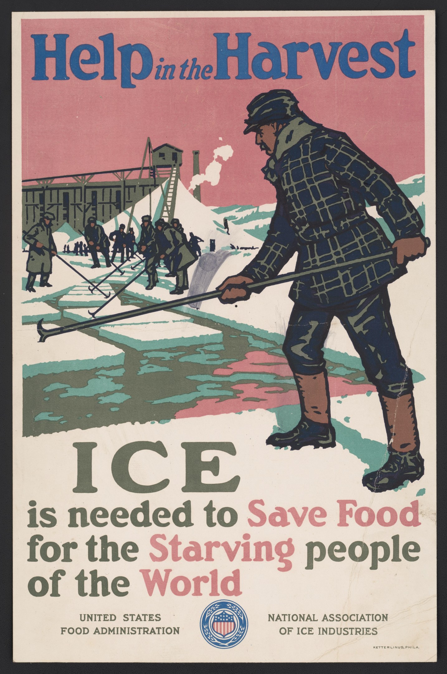 Plakat mit einer Person in einem weißen Hemd und blauen Jeans, die in einem verschneiten Feld mit entschlossener Miene steht, umgeben von fettem schwarzem Text, der "Hilfe bei der Ernte - Eis ist notwendig, um Lebensmittel für die hungernden Menschen der Welt zu retten" gegen einen hellblauen Himmel lautet.