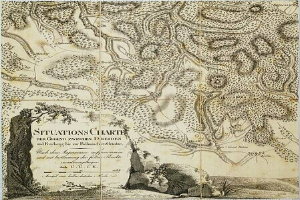 Alte Karte von London, England, mit Text zur Ortsangabe, überlagert mit einer Grafik der Route zwischen Dresden und Freiburg, auf Papier gedruckt.