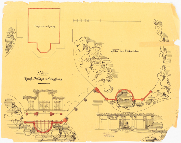 Ein detaillierter architektonischer Grundriss eines Bauplans mit einer roten Linie, die den vorgeschlagenen Standort für einen neuen Park anzeigt, begleitet von Text und zusätzlichen Entwurfsdetails.