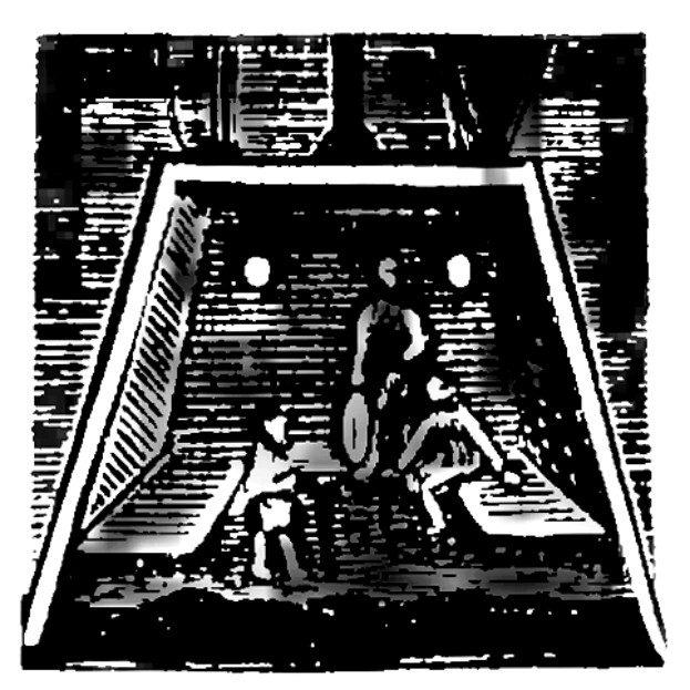 Eine Schwarz-Weiß-Zeichnung eines Fußballspiels im Gange, mit zwei Spielern in der Mitte, einem im Vordergrund und einem im Hintergrund, die Fußballtrikots tragen, und einem Torpfosten in der Ecke.