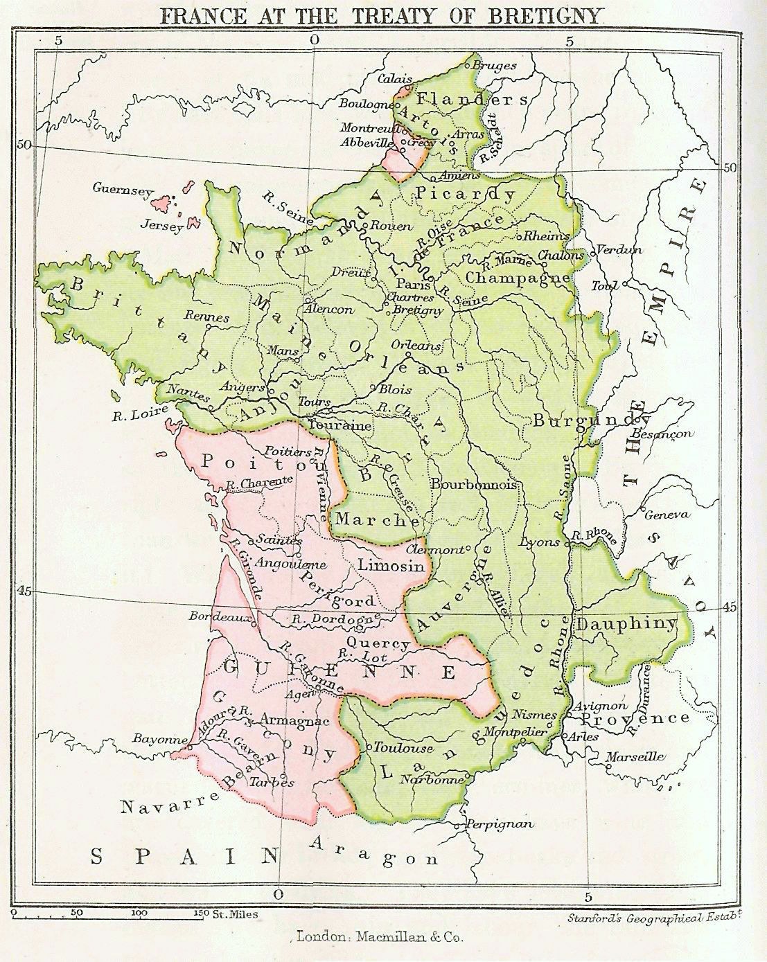 Detailierte Karte von Frankreich aus dem Vertrag von Brétigny, die Provinzen und Städte zeigt, mit begleitendem Vertragstext.
