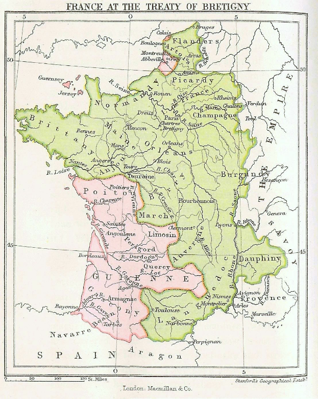 Detailierte Karte von Frankreich aus dem Vertrag von Brétigny, die Provinzen und Städte zeigt, mit begleitendem Vertragstext.