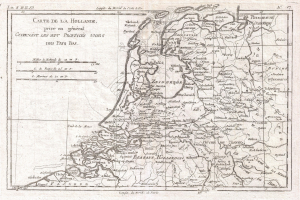 Alte Karte der Niederlande, die die Provinzen Holland und die Niederlande hervorhebt, mit handgeschriebener Text auf altem Papier.