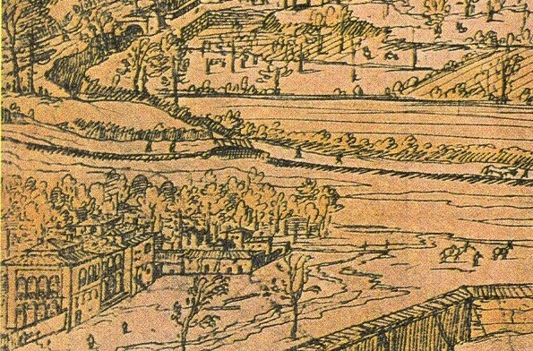 Eine Zeichnung einer Stadt mit einem gewundenen Fluss, umgeben von üppigen grünen Bäumen und hohen Gebäuden, die eine friedliche Atmosphäre schaffen.