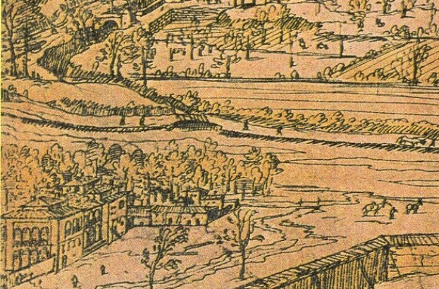 Eine Zeichnung einer Stadt mit einem gewundenen Fluss, umgeben von üppigen grünen Bäumen und hohen Gebäuden, die eine friedliche Atmosphäre schaffen.