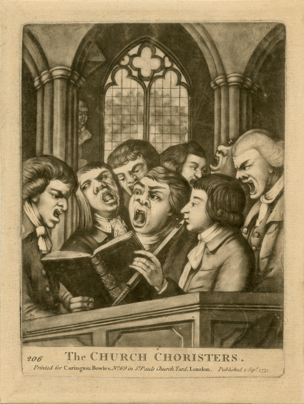 Eine Gruppe von Menschen, die in einer Kirche singen, einer hält ein Buch, mit Säulen und einem Fenster im Hintergrund und Text, der unten "Die Kirchenchoristen" lautet.