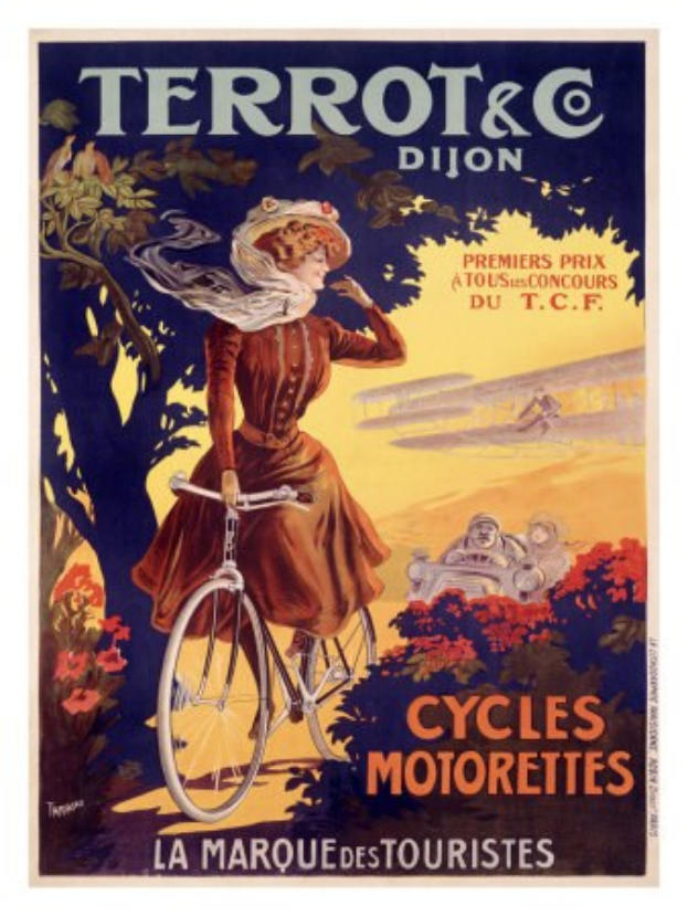 Ein Plakat, das eine Fahrradtour in Frankreich ankündigt und eine Frau zeigt, die ein Fahrrad fährt, umgeben von Bäumen, Blumen und anderen Menschen, mit Text, der die Tour beschreibt.