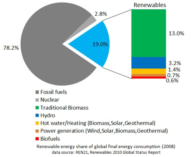 Tortendiagramm, das den globalen erneuerbaren Energieverbrauch im Jahr 2008 zeigt, unterteilt in Abschnitte für fossile Brennstoffe, Kernenergie, Wasserkraft, Heißwasser, Heizung, Biomasse, Solarenergie, Geothermie und Biokraftstoffe.