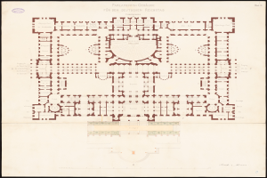 Ein detaillierter Grundrissplan des Reichstagsgebäudes in Berlin, Deutschland, der den kreisförmigen Aufbau des Gebäudes, einschließlich Räume, Flure, Fenster und Türen, mit begleitendem Text, der zusätzliche Informationen bereitstellt.