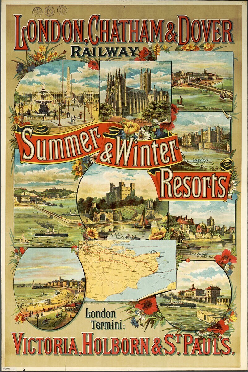 Plakatwerbung für London, Chatham und Dover Railway's Sommer- und Winterresorts, zeigt Bilder von Gebäuden, Bäumen, Blumen, einer Karte und beschreibendem Text.