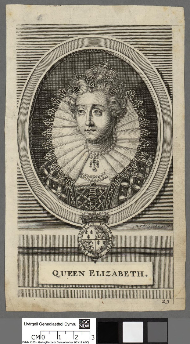 Porträt der Queen Elizabeth I. von England in königlicher Kleidung, einschließlich einer Krone und Tiara, mit einem würdevollen Gesichtsausdruck und einem Haarknoten gegen einen grauen Hintergrund.