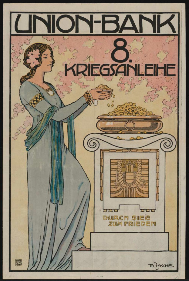 Eine Frau in einem weißen Kleid steht entschlossen vor einem schwarzen Hintergrund und hält eine Schössel mit Essen und ein Plakat mit der Aufschrift "Union-Bank 8 Kriegsanleihe."