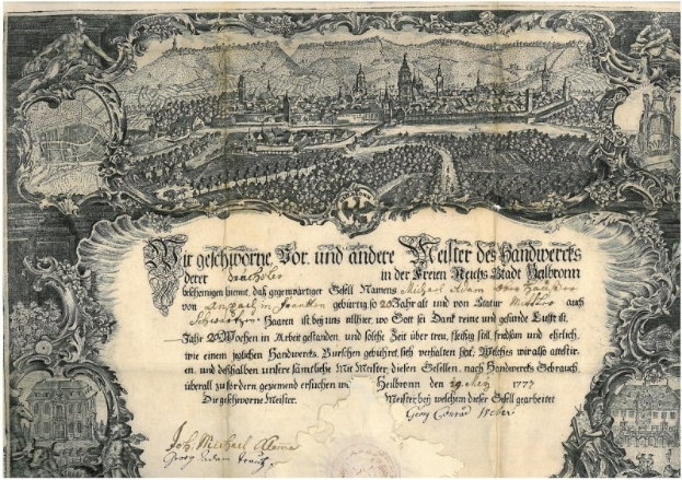 Eine alte deutsche Banknote mit einer Stadtansicht, Text und zusätzlichen Bildern, die einen klassischen und zeitlosen Look vermitteln.