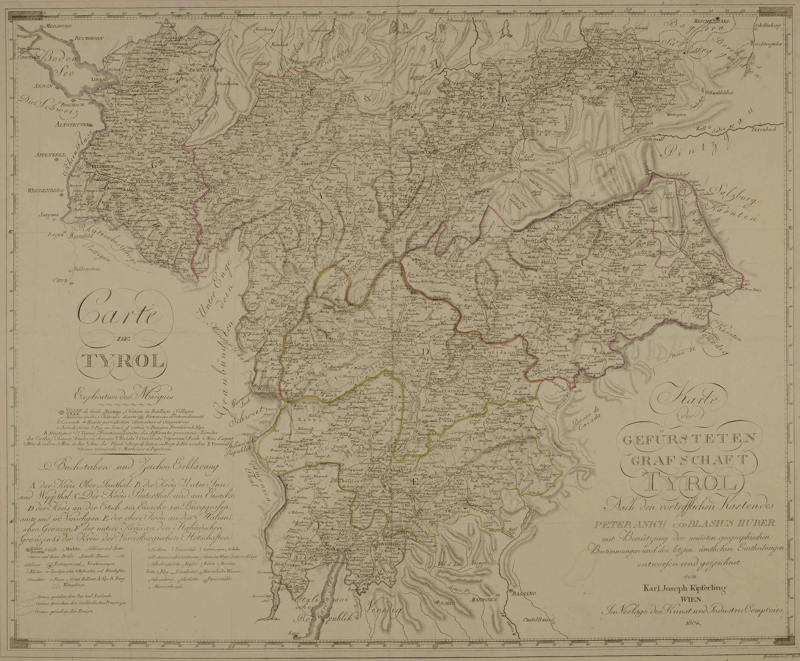 Detailiertes altes Tyroler Stadtplan, Deutschland, zeigt Städte, Dörfer, geografische Merkmale und textuelle Informationen zur Bevölkerung, Straßen und Sehenswürdigkeiten.
