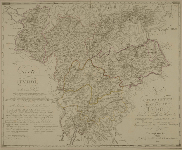 Detailiertes altes Tyroler Stadtplan, Deutschland, zeigt Städte, Dörfer, geografische Merkmale und textuelle Informationen zur Bevölkerung, Straßen und Sehenswürdigkeiten.