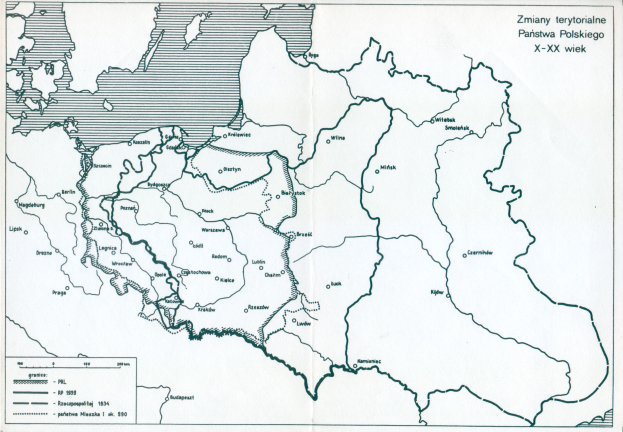 Ein Plakat mit einer detaillierten Karte von Polen und dem Umfang des Polnischen Reiches, versehen mit Text und numerischen Daten.