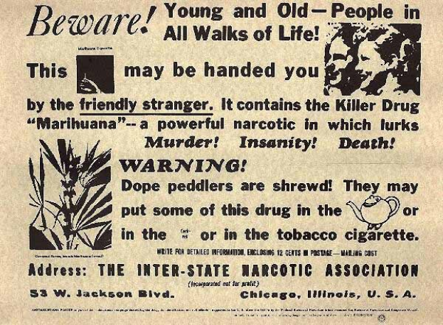 Schwarz-weißes Zeitungsinserat für die Inter-State Narcotic Association mit einem Mann und einer Frau, mit der Warnungstext "Vorsicht, jung und alt in allen Lebensbereichen".