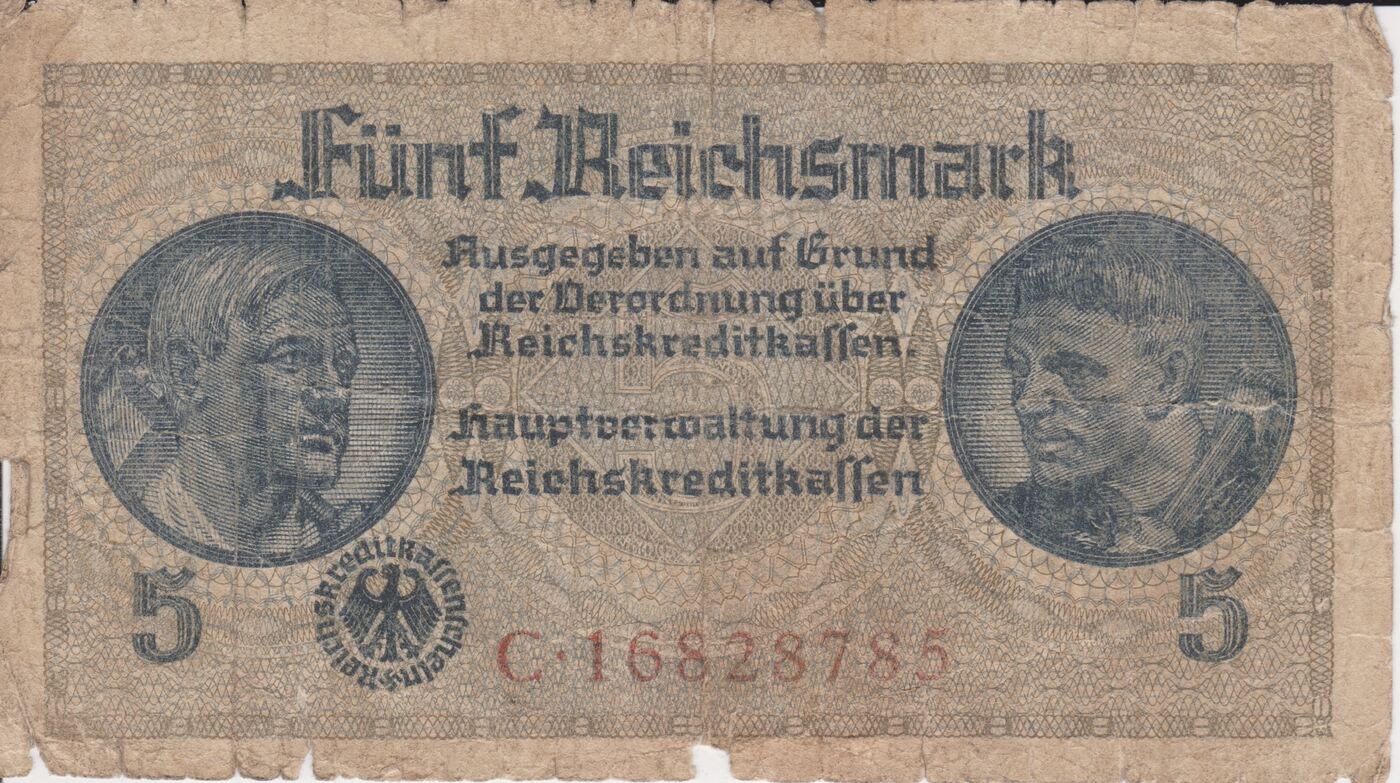 Alte deutsche 5 Reichsmark-Banknote mit einem Männerporträt, ausgegeben in Deutschland.