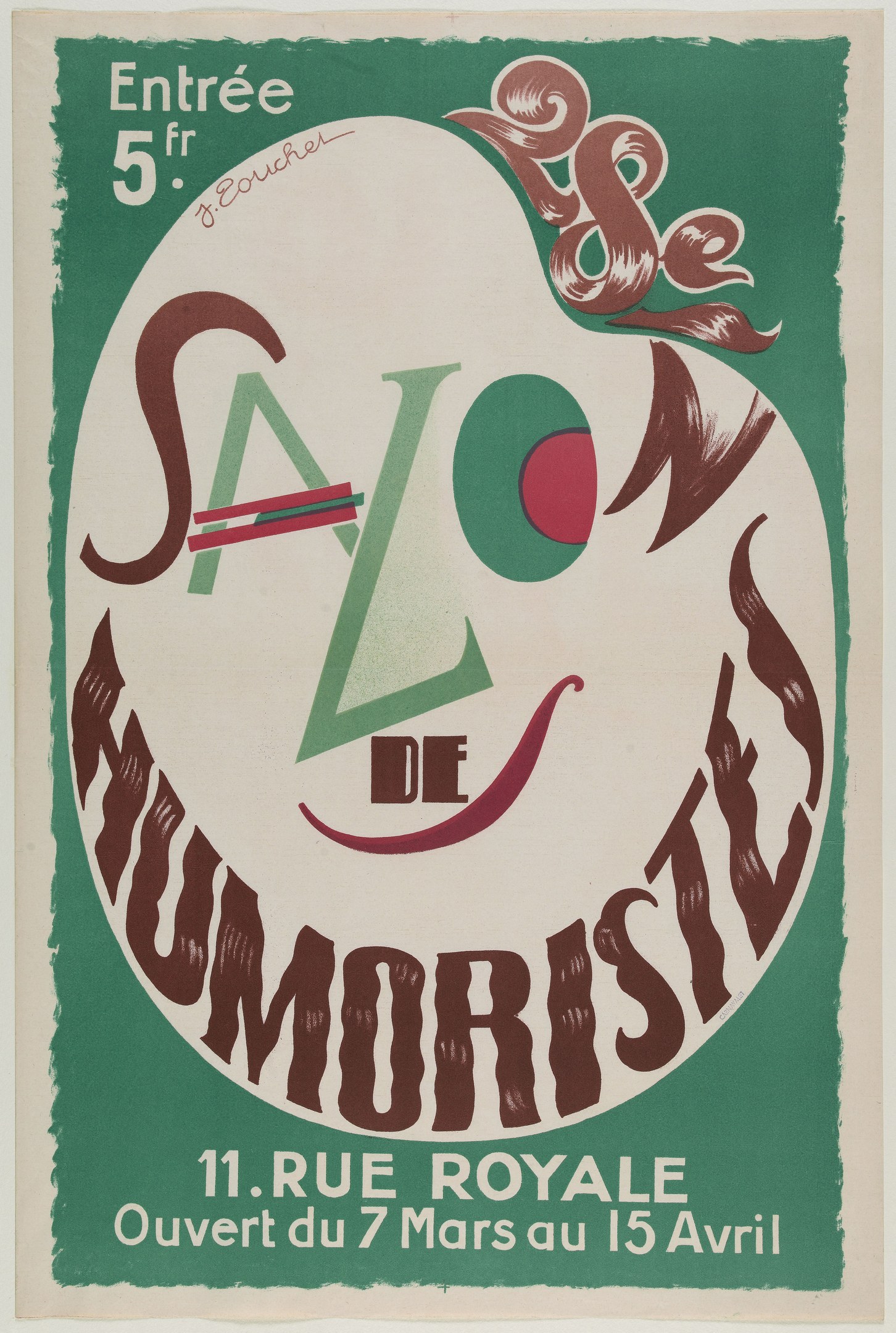 Plakat, das ein Humoristensalon in Paris, Frankreich, ankündigt, mit Text, der seine Angebote beschreibt.