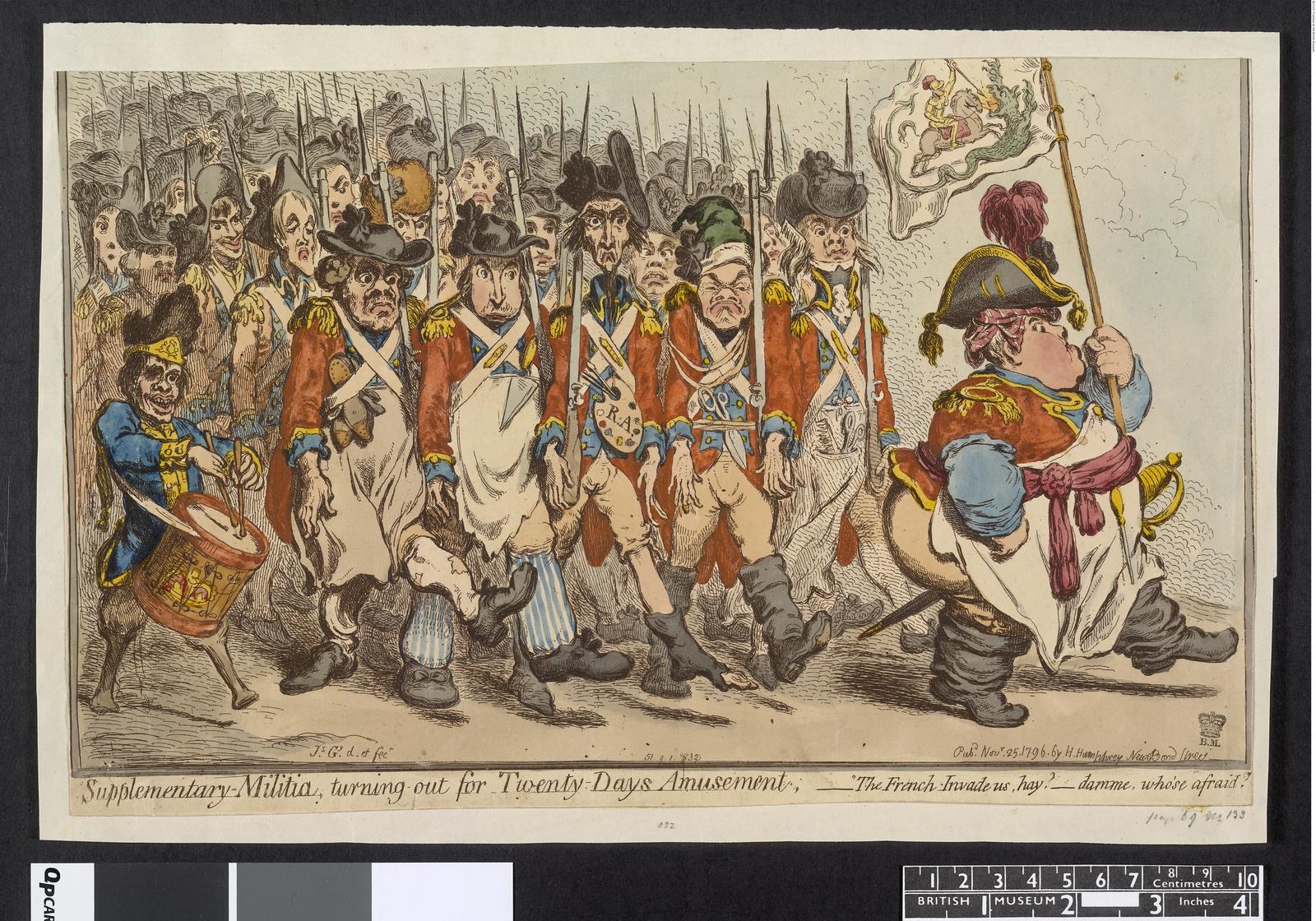 Eine Gruppe von Männern in Militäruniformen marschiert auf einer Straße, einer hält einen Stock in der Hand, mit Text unten: "Zusätzliche Miliz, Ausmarsch für Zwanzig-Tage-Vergnügen".