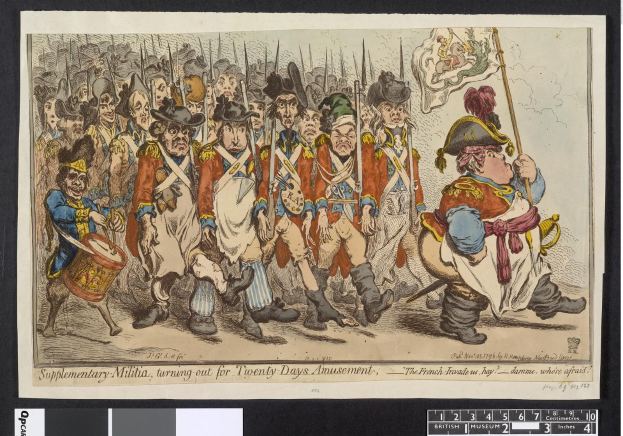 Eine Gruppe von Männern in Militäruniformen marschiert auf einer Straße, einer hält einen Stock in der Hand, mit Text unten: "Zusätzliche Miliz, Ausmarsch für Zwanzig-Tage-Vergnügen".