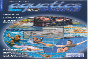 Titelbild der Januarausgabe 2003 der Aquatics FINA World Zeitschrift, das synchronisierte Schwimmer in Bewegung unter einem hellblauen Himmel zeigt.