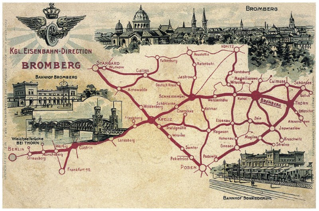 Detailierte Plakatkarte von Bromberg, Deutschland, zeigt Straßen, Sehenswürdigkeiten, Gebäude, Bäume, eine Brücke und beschreibenden Text über die Geschichte, Kultur und Attraktionen der Stadt.