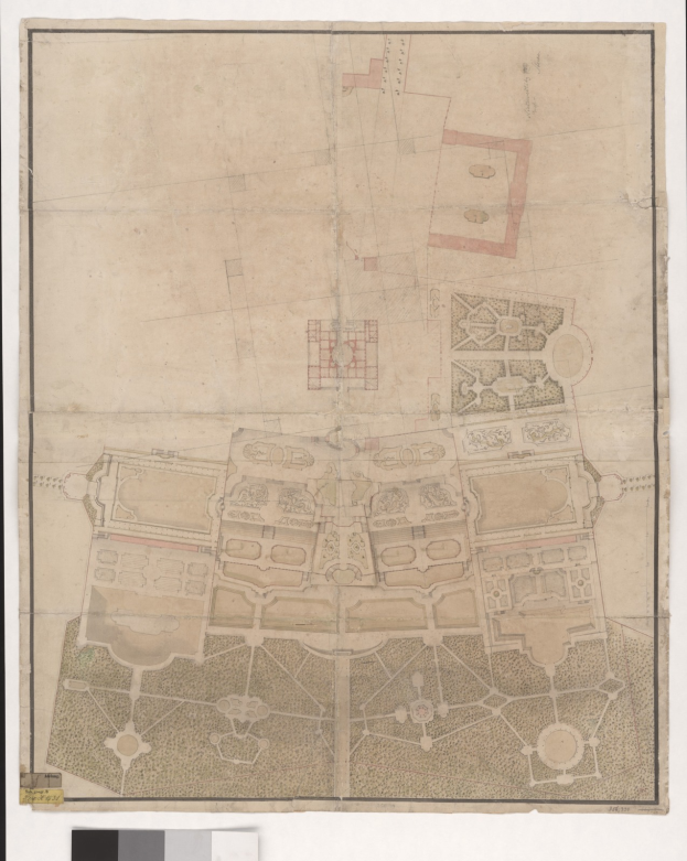 Ein detailliertes Stadtplan-Diagramm mit zahlreichen Gebäuden, darunter eine prominenten zentralen Struktur, begleitet von beschreibendem Text.