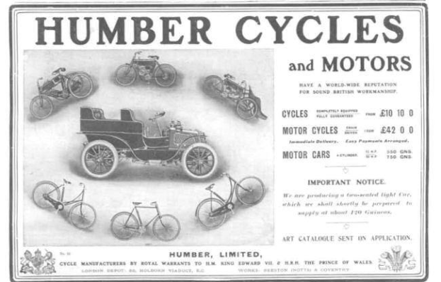 Werbung für Humber Cycles and Motors mit verschiedenen Fahrzeugen und Fahrrädern sowie beschreibendem Text.