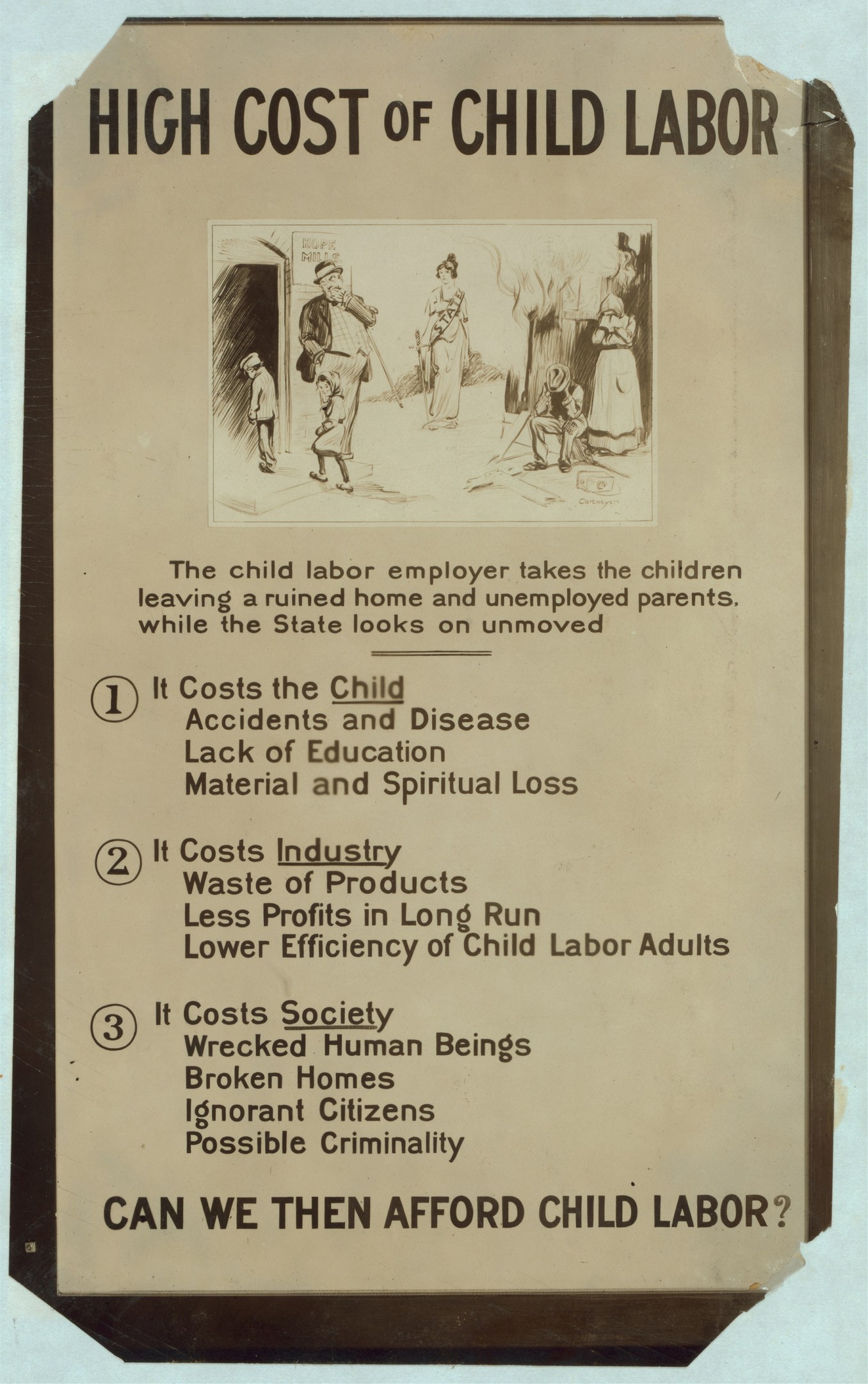 Plakat mit der Aufschrift "Hohes Kindesarbeit" auf blauem Hintergrund, weißer Schrift und weißem Rand, mit einem kreisförmigen Arrangement von Fotos diverser Menschen um den Titel.
