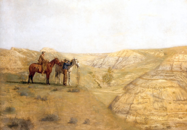 Zwei Cowboys auf Pferden in einer Wüstenlandschaft mit rollenden Hügeln, üppiger Vegetation und einem klaren blauen Himmel, gemalt von John Singer Sargent.