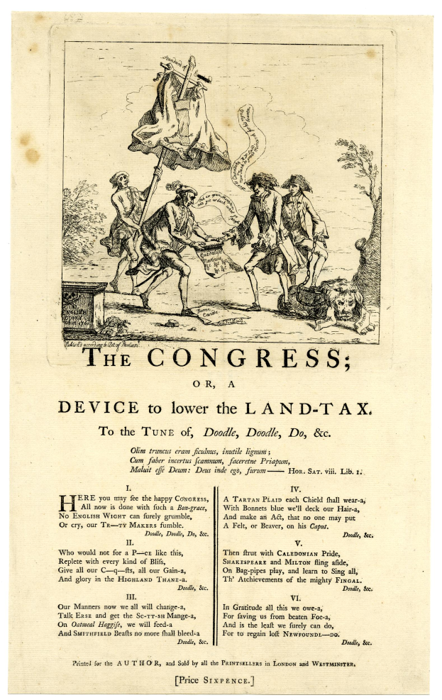 Eine Zeichnung mit einer Gruppe von Menschen in traditioneller Kleidung und der Text "Der Kongress oder, Vorrichtung zur Senkung der Grundsteuer" in fetter Schrift, umgeben von einem dekorativen Rahmen.