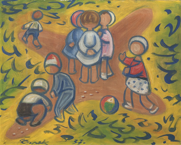 Malerei auf Pappe mit Kindern, die mit einem Ball spielen, in einem hellen, fröhlichen Feld mit spielerischen Posen und etwas sichtbarem Text.