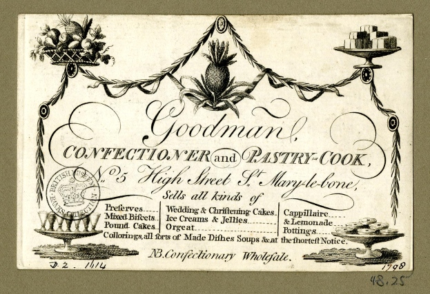 Eine alte Reklame für Goodman's Confiserie und Bäckerei, die Text und Bilder verschiedener Speisen auf Ständern zeigt.